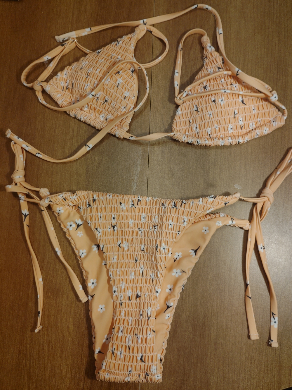 Peach Floral Shirred Tie-Side Bikini Set